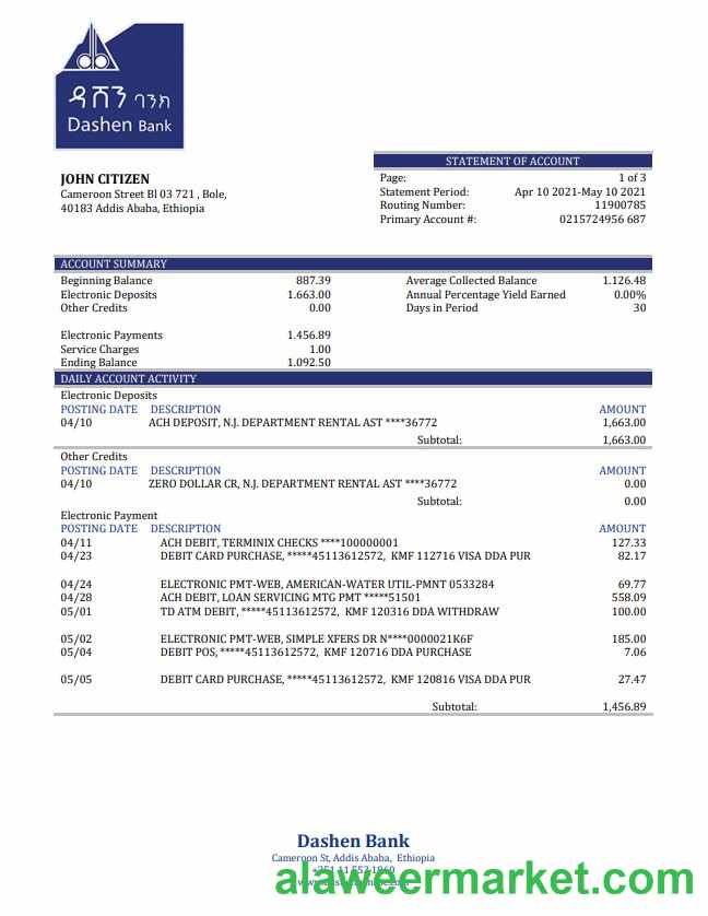 Ethiopia Dashen Bank statement